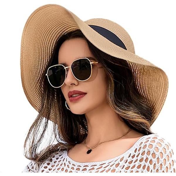 1 stk. Dame Strandhat, Dame Bredskygget Solhat af Halm, Dame Solhat UPF 50+ UV-beskyttelse Khaki