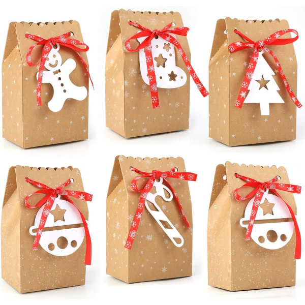 Sæt med 24 julegaveposer i Kraft Paper Christmas Pouch Box