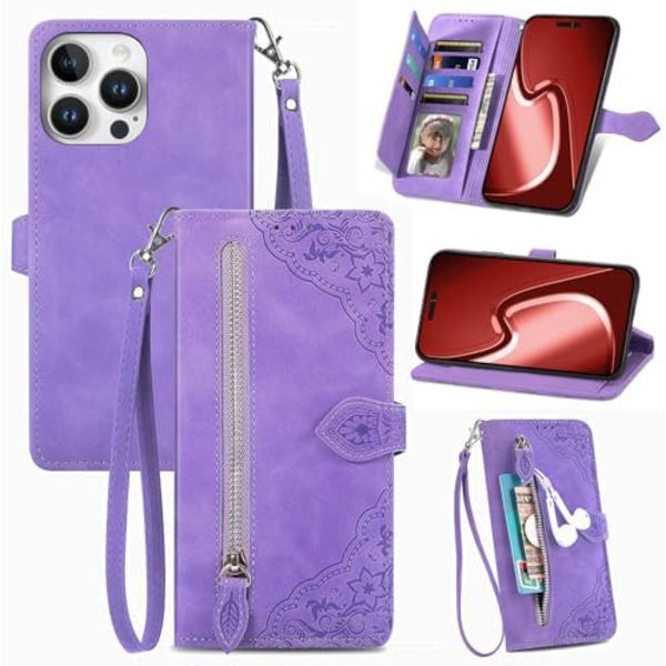 Etuier til iPhone 16 Pro Max Pung Etui til Kvinder med Kortlomme Præget Blomst Lynlås Pung PU Læder Flip Cover w
