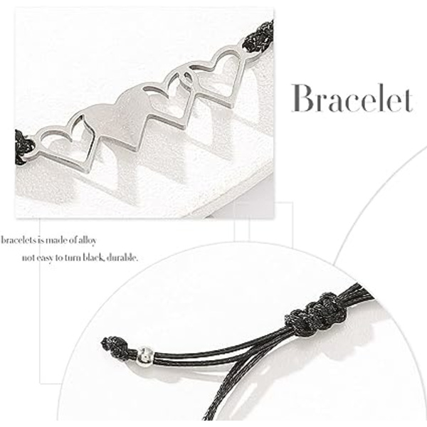 Sett med 4 matchende hjerte-armbånd, flettet i rustfritt stål