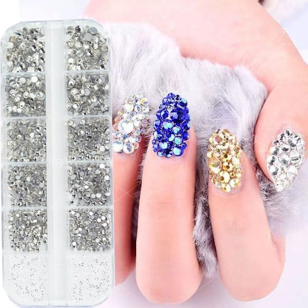 12 rutnät vita kristall strass, nagel ädelstenar, silver runda flatback stenar, diverse, Nai sliver