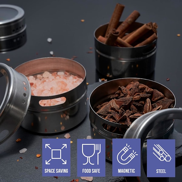 Oak & Steel - 4 Premium Magnetiska Kryddburkar i Rostfritt Stål med Genomskinligt Lock (100 ml) - Lätt att Öppna, S