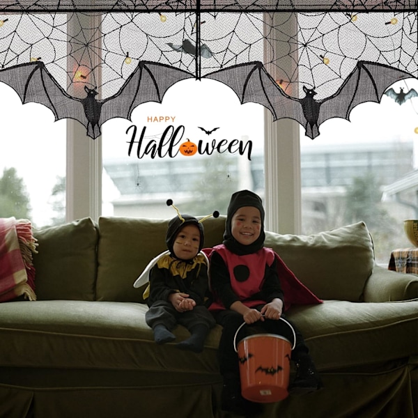 Halloween Svart Spets Spindelnät - 2 st Fladdermus Gardin Fönsteröverhäng Spindelnät Dukskydd Duschgardiner Eldstadshyllor Sca