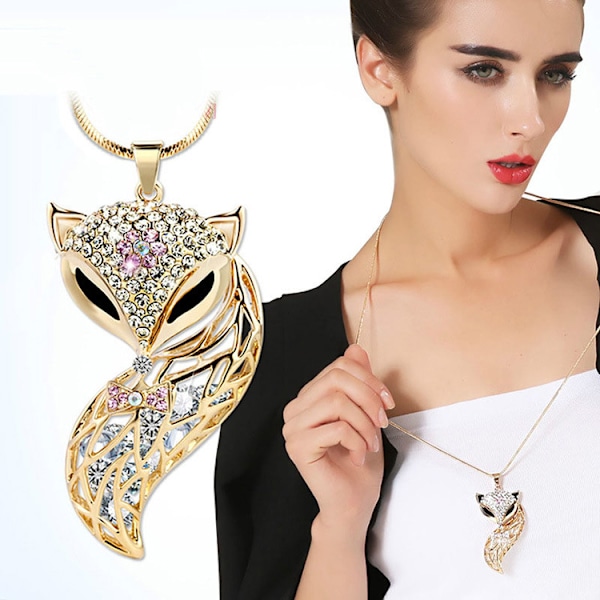 Pitkä tyyli Sex Fox Crystal-neuleketju kaulakoru naisille tytöille Eläin Rhinestone Gemtone riipukset korut vaatteille