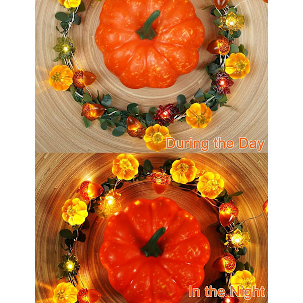 Höstdag Decoration Ekollön 3D Pumpa Lönnlöv Strängljus Batteridriven med Fjärrkontroll 10ft 30 LED Orange Höst