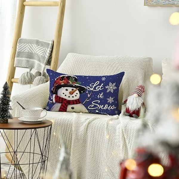 12 x 20 Tommer La det snø Snømann Jul Blå Putesett, Vinterferie Putetrekk Dekorasjon for Sofa
