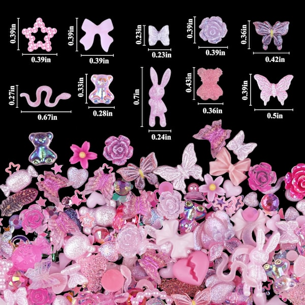 100 Stykker 3D Harpiks Sommerfugl Bjørn Negle Charms Rose Blomst Peach Skørt Bue Hjorte Slange Kanin Dyr Formet Rhinestones P