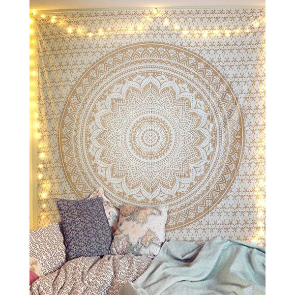 Gylden Mandala Vægtæppe Vægophæng Boheme Ombre Hippie Soveværelse Stue Boheme Indretning Dobbelt Bomuldstæppe 150*200cm