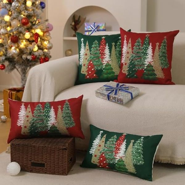 45x45cm Sett med 2 Juleputetrekk - Juletre Dekorativ Grønn Pyntepute - Vinter Juledekorasjon til Hjemmet