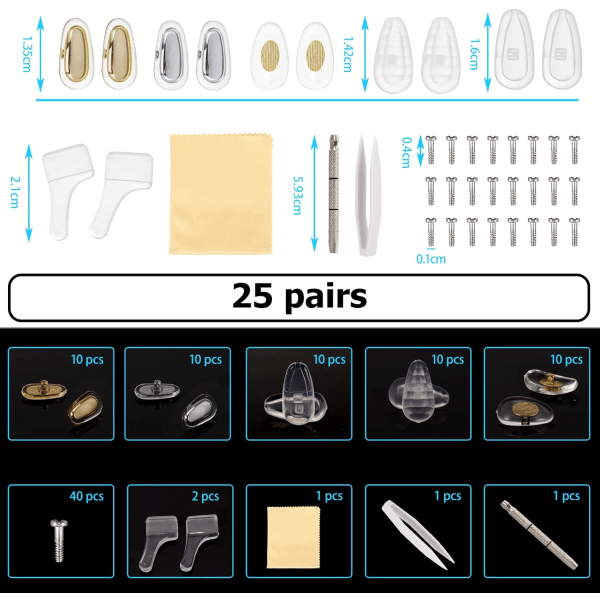 Briller Reparasjonssett 95 PCS Briller Tilbehør 25 Par Oppblåsbare Silikon Neseputer Anti Skli Glass