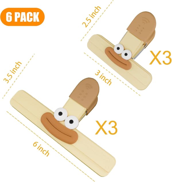 6 stk. Chip Clips, Poseclips for matlagring med lufttett forsegling for brødposer, snacksposer og matposer, 6-pakning