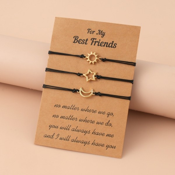 Justerbara vänskapsarmband, 3 delar matchande handgjorda Lucky Rope-armband i Sun, Moon och Sta