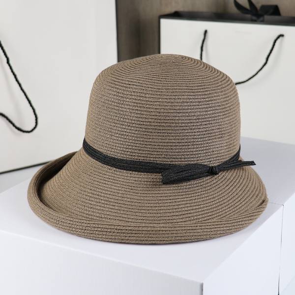 (Khaki + Smoky Gray) 2-delt bredskygget dame solhat, elegant struktur buet tweed strand stra