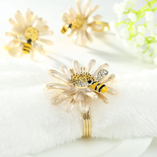 Daisy Sunflower Servettringar Set om 6, Guld Bi Servettringshållare för Formell eller Avslappnad Matbord Dekoration