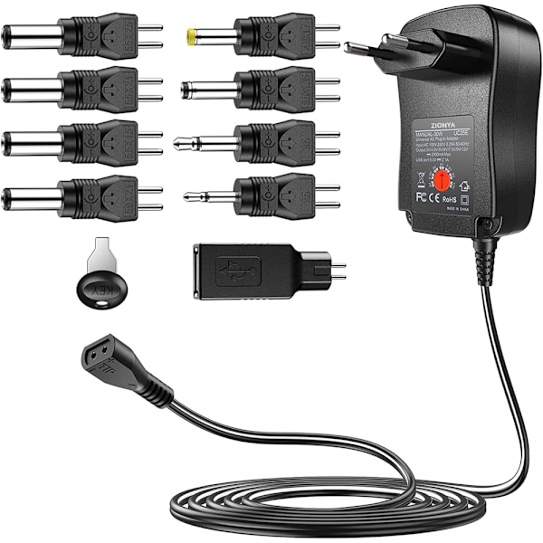 30W Universal AC til DC 3V 4.5V 5V 6V 7.5V 9V 12V 2.1A Switching Power Adapter med 9 LED-stik