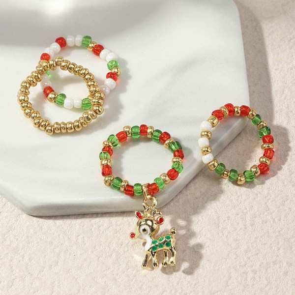 1,7×1,7×0,3 cm Julringar Pärlring Set Färgglada Pärlade Stackningsringar med Tomteälg Charm Elastiska Fingerringar Smycke