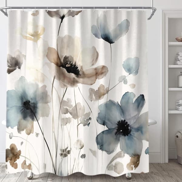 1 st Boho Blommig Duschdraperi, Kräm Tan Beige Blå Grå Vit Vattenfärg Blomma Tyg Duschdraperier Set för Badrum