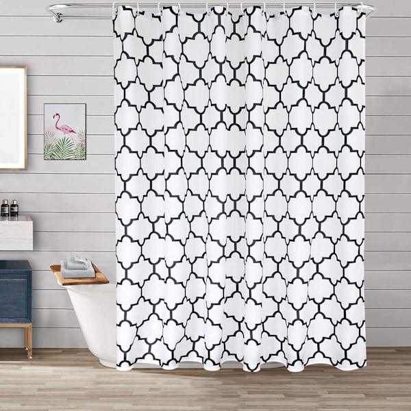 Sort badeværelsesbrusforhæng med fedt gitterprint på blødt stof, vaskbart og holdbart, 180x180cm