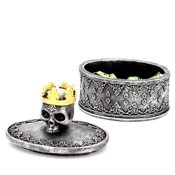 Sæt med 2 sorte kranier skelet hoved arrangør smykkeskrin holder med krone Halloween skelet dekora