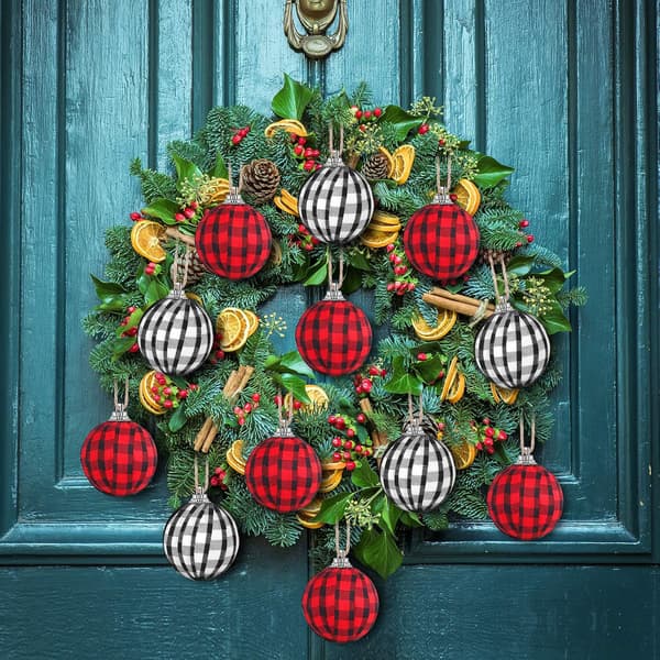 12 stk. Julekugler i Buffalo Plaid til julepynt