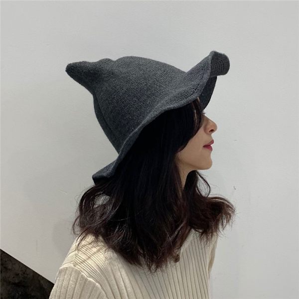 Kvinde Heks Hat Troldmand Kinitted-Uld Hatte Voksen Kostume Fest Tilbehør Halloween Maskerade Grey