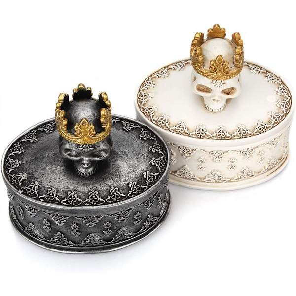 Sæt med 2 sorte kranier skelet hoved arrangør smykkeskrin holder med krone Halloween skelet dekora