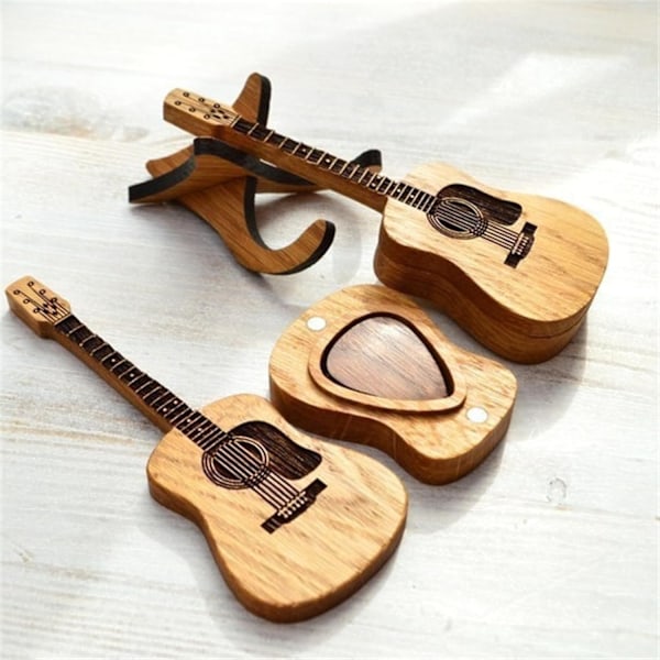 12×5.5×2cm Mini Gitarrformad Plektrumhållare, Trägitarr Plektrumlåda med Stativ, Trägitarr Plektrumlåda Hållare med 3 St Plektrum