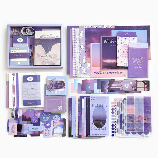 351-osainen scrapbook-tarvikesarja, violetti esteettinen Bullet Journal Scrapbook -sarja A6-ruudukolla