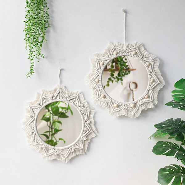 Väggdekor Spegel Macrame Cirkel Hängande Spegel för Sovrum Vardagsrum Lägenhet Entré Heminredning