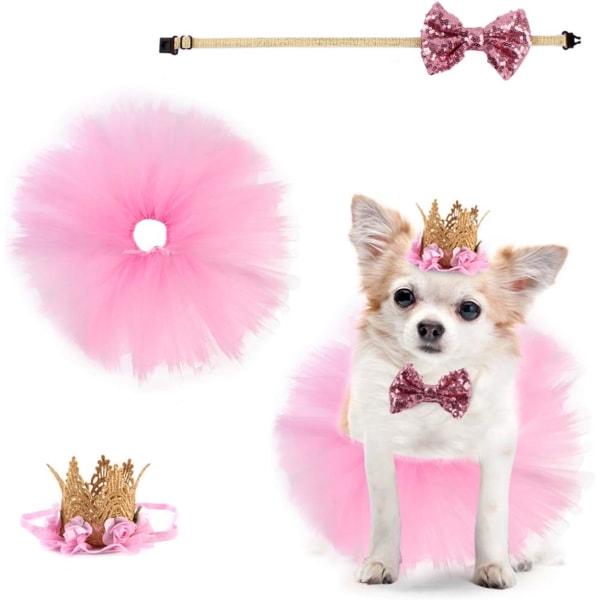 3pcs Dog Costume for Birthday Party Pet Pink Tutu Skirt Crown H