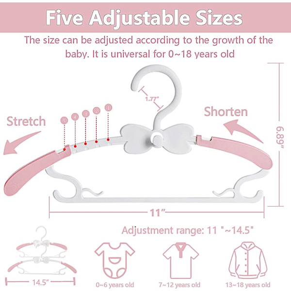 28-37cm - Rosa og Hvide Plastik Børne Hængere 20 stk. Stabelbare Børnehængere, Skridsikre Udvidbare Baby Hængere til Kl