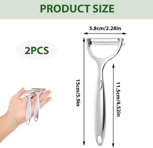 Sæt med 2 grøntsagsskrællere i rustfrit stål – Ergonomiske, multifunktionelle og holdbare – Ultraskarpe blade til æbler