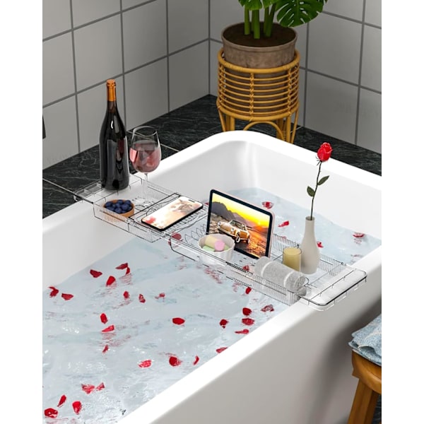 Akryl Badekarbrett, Utvidbart Badekar Caddy, Badekarhylle Holder Ipad, Telefon, Glass, Lys, Badekarbrett, Transparent