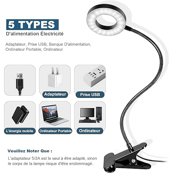 1 kpl 360° joustava LED-pöytävalaisin klipsillä, lukuvalo 3 valaistustilalla ja 10 kirkkaustasolla, USB LED opiskeluun ja työhön, musta
