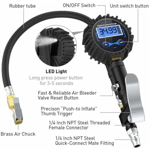 Digitaalinen rengaspainemittari 250 PSI, erittäin tarkka digitaalinen rengaspainemittari