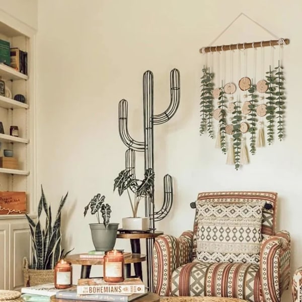 Kunstig Eucalyptus Veggdekorasjon Falske Grønne Blader Stilker Vegg Hengende Planter på Trepinne Boho Rustikk Landstil
