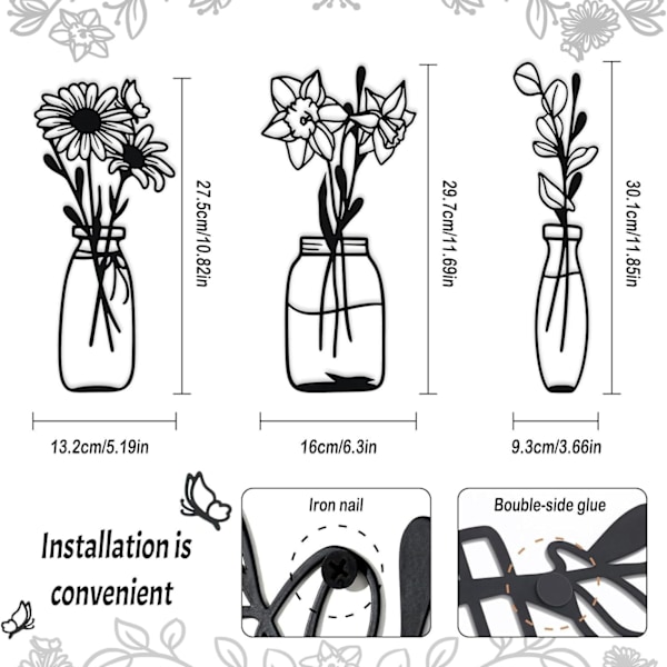 (Svart, Vas-A) 3 Delar Metall Blommor Väggkonst - Rustik Bondgårdsdekor Svart Minimalistisk Blomma Väggdekorationer för Vardagsrum Badrum Sovrum Matsal