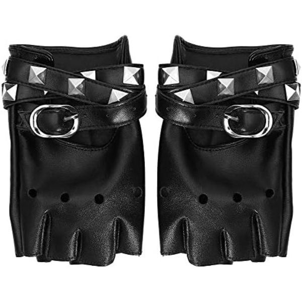 Fingerløse Kunstlæderhandsker - Sorte Biker Punk Handsker med Bæltelukning og Nitter Design til Kvinder