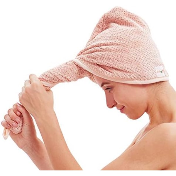 2-pack Mikrofiber Hårhandduk Wrap, Hår Torkhandduk med Knapp, Handduk Turban, Huvudhandduk för att Torka Håret Snabbt (Rosa & Beige