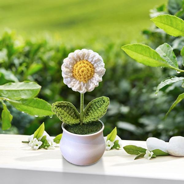Virkade Blommor i Kruka, Stickade Växter i Kruka, Söta Stickade Blommornament, Handgjorda Bilvirkade Mittkonsol