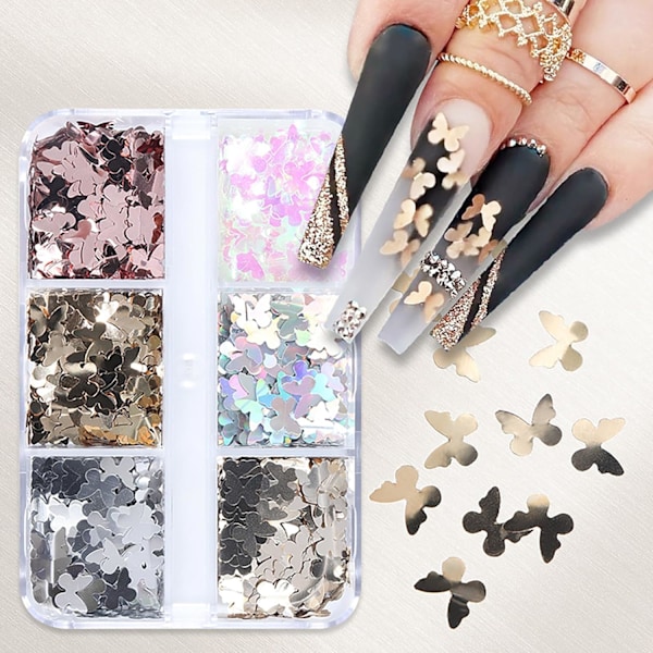 1 Set Vår/Sommar Nageldekoration - 6 Fack med Retro Holografiska Laserfjärilsglitterpaljetter, Delikat Nagelkonstdekal