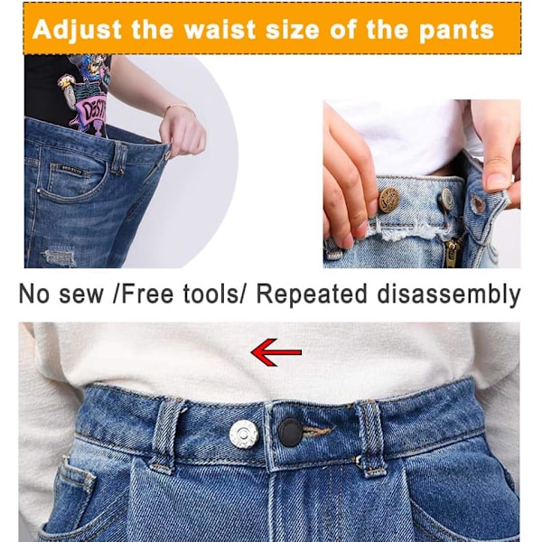 Knappnåler for jeans, uten søm og uten verktøy, umiddelbare jeansknappnåler for bukser, 4 sett erstatningsknapper, enkel installasjon, gjenbrukbare og justerbare
