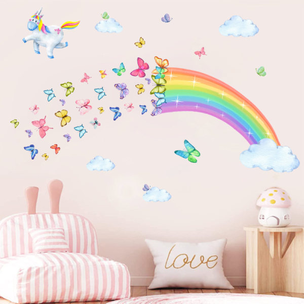 Tarrat Muraux Arc en Ciel Licorne Autocollant Mural Papillons