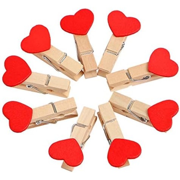 2x3,5cm 50 stk. Hjerte Mini Træ Tøjklemmer Tøjnåle Fotoklips DIY Papirklemme til Fotoholder Kortdekoration Rød