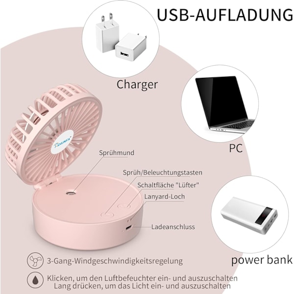 x Mini Kannettava Tuuletin (Pinkki) Viilentävällä Sumulla ja Ladattavalla Akulla, Taitettava, 7 Värin Yövalo, USB, 3 Nopeutta, Sopii Naisille ja Lapsille