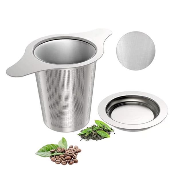 Universal te-infuser med lokk, filter i rustfritt stål, passer til krus, kopper og tekanner