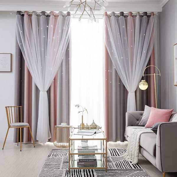 2 stk grå Morandi gradient stripete hule stjerne gardiner, dobbeltlags integrert 132*160CM