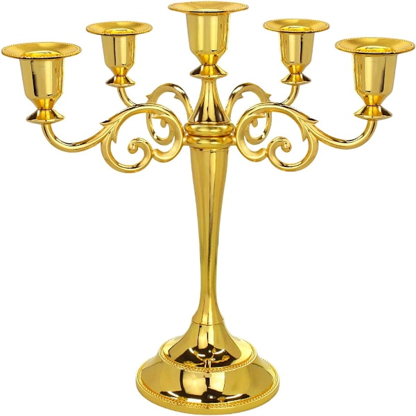 Metall Candelabra 5-Ljus 10,1 Tum Hög Ljusstake Stick för Hem Bröllop Evenemang och Fest Festival, Guld