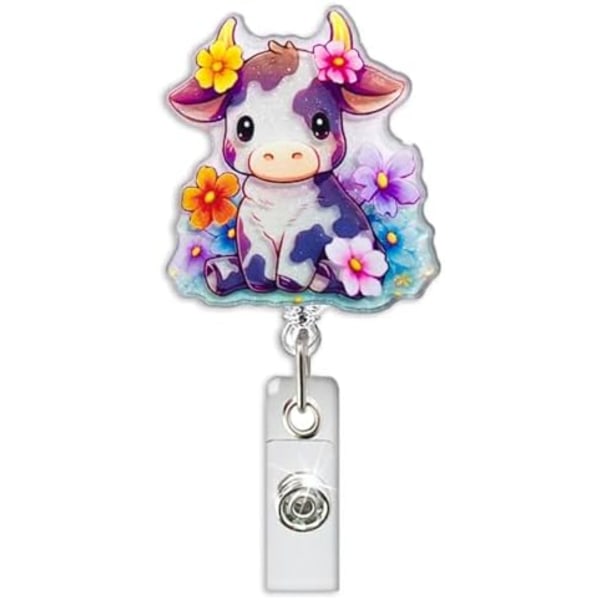 Blommig Ko Sjuksköterska Badge Reel Retraktil Glitter Färgglad Namnlapp Akryl Alligator Clip Fjäder ID Badgehållare för Sjuksköterskor