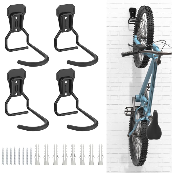Set med 4 cykelkrokar, järnställ för cykelhängare, kraftiga L-formade cykelförvaringsväggar, P
